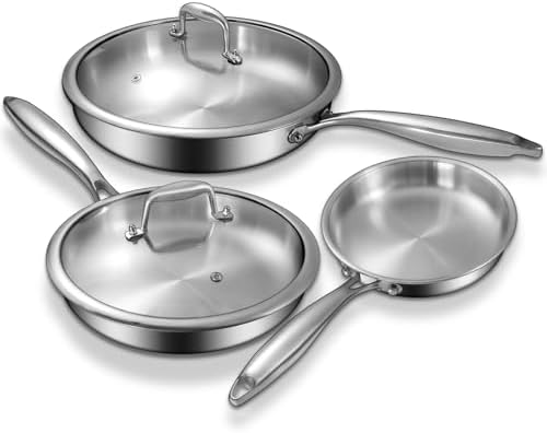 EWFEN Tri-Ply Stainless Steel Frying Pans Set with Lid, 8”/10”/12”
