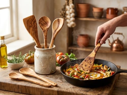 OLIVIKOTM 100% Olive Wood HANDMADE 5 Spoon Set | Ideal for Nonstick