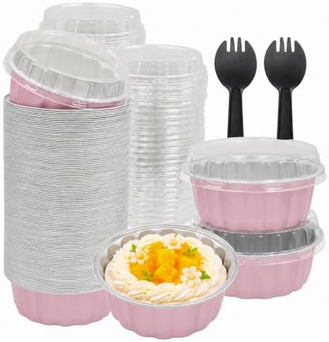 Lilaly 100 Pack 9oz Mini Cake Pans with Lids and Spoons, Round, Pink