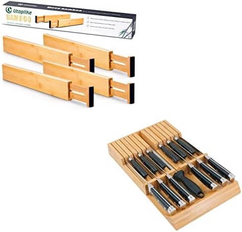 Utoplike 4 pcs Large Bamboo Kitchen Drawer Dividers 12 Knife Organizer