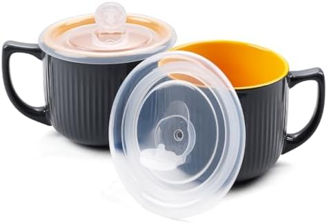 Ceramic Soup Bowl with Handle 32oz – Microwave Ramen Bowl with Lid