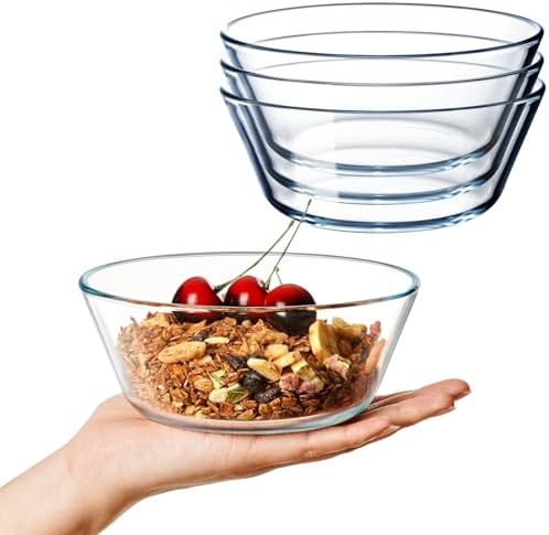 NUTRIUPS 25oz Glass Bowl, Clear Flat Bottom Shallow Prep Bowl Set of 4