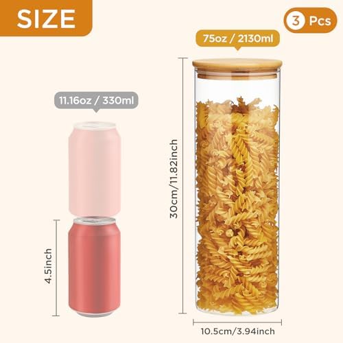 Glass Food Storage Jars with Lids 2.34 Qt [Set of 3], Perfect for