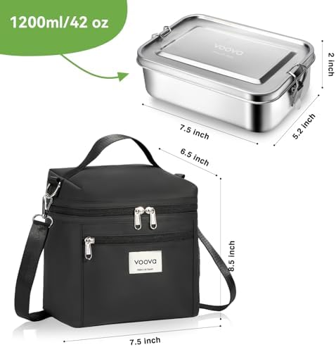 Voova Stainless Steel Lunch Box with Lunch Bag, 42oz/1200ml, Black