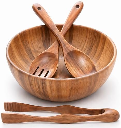 Wooden Salad Bowl Set, Acacia Wood, 4-Pcs, 9.5 Inch,Couple bowls