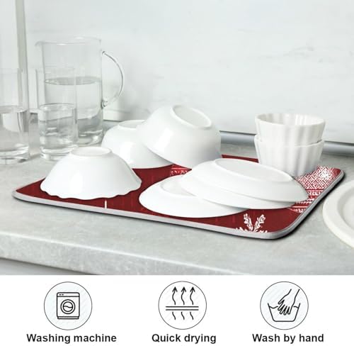 OTVEE Red Winter Ornament Art Dish Drying Mat for Kitchen Counter