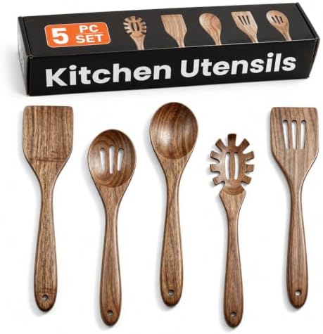 KITEISCAT Acacia Wooden Spoons for Cooking: 5-Piece Kitchen & Cooking