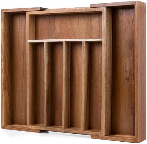 Fibogollo Expandable Kitchen Drawer Organizer,Acacia Wood Silverware Organizer,Adjustable Flatware Tray for Utensils(13.78 * 10.24~16.14 * 1.97)