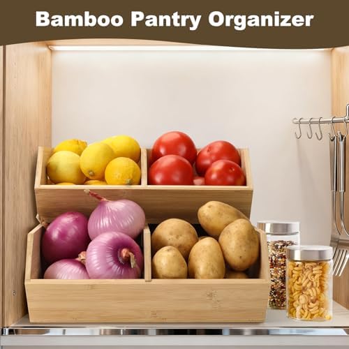 Bamboo Pantry Organizers and Storage Bins, 2 Set Stackable Baskets for