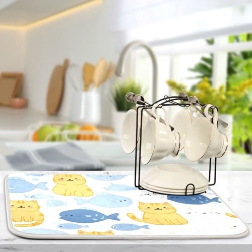 OTVEE Bubbly Cat Print Dish Drying Mat for Kitchen Counter Absorbent