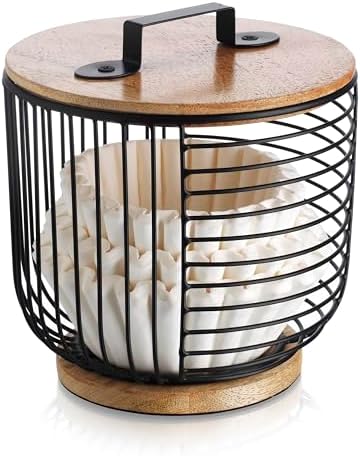 Coffee Filter Holder for Counter with Wooden Lid - Round Black Wire