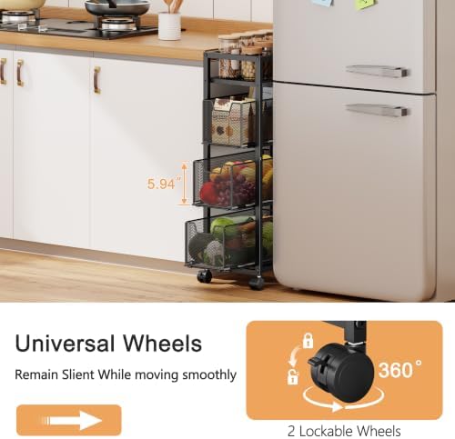 4 Tier Narrow Kitchen Rolling Cart, 9.1" Wide Slim Kitchen Storage
