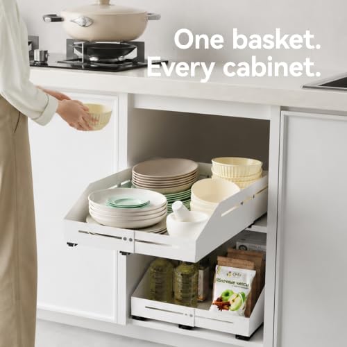 Pull Out Cabinet Organizer 15.8"-23"D&12.5"-21"W Raised Walls White