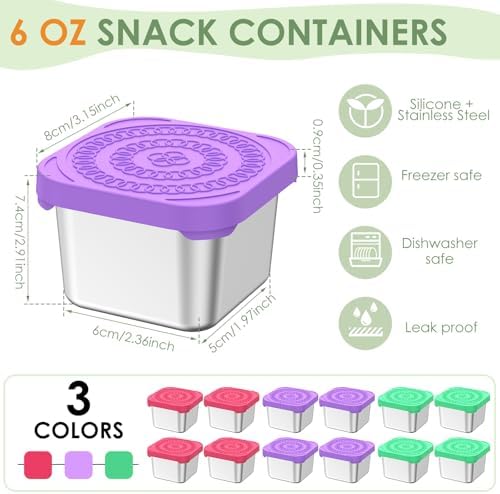 12 Pack Stainless Steel Snack Containers with Lids, 6oz