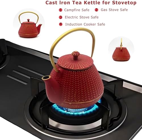 Red Cast Iron Tea Kettle, 1000ml with Infuser