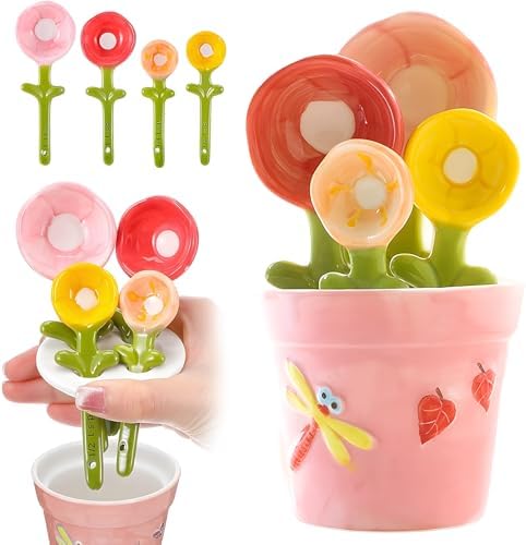 5 Set Ceramic Flower Measuring Spoons with Pot Holder