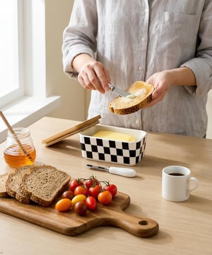 Butter Dish with Lid for Countertop, Checkered Ceramic Butter