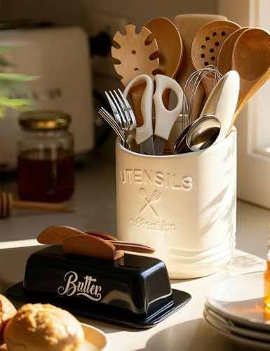 Black Butter Dish with Lid and Knife,Black Butter Tray,Ceramic Butter