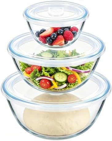 E-far Glass Mixing Bowls with Airtight Lids Set for Prep Salad Serving