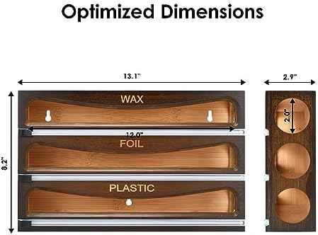 Bamboo Wrap Dispenser with Cutter, Plastic Wrap Organizer, Aluminum Foil Organization, and Wax Paper Dispenser Holder for Kitchen Drawer and Wall, Compatible with 12" Roll (03 Vintage Brown)