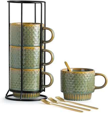 LYEOBOH Coffee Mug, Coffee Mugs Set of 4, Stackable Coffee Mugs with