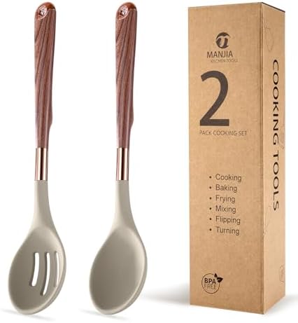 MANJIA Silicone Slotted and Solid Cooking Spoons Set, 2 Piece, Khaki