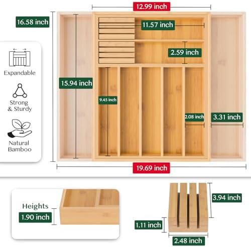 Dunruz Bamboo Expandable Drawer Organizer, 9 Slots, 13"-20"