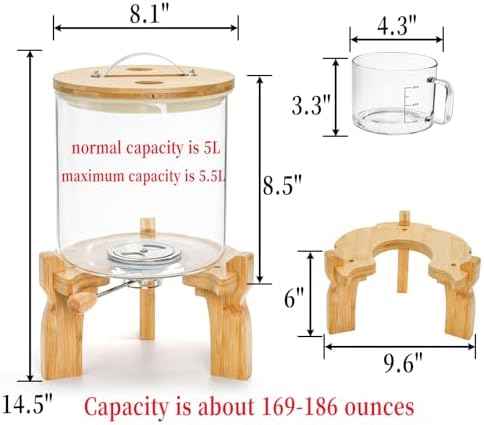 Goaste Glass Rice Dispenser with Bamboo Stand, 5L Flour Cereal Container with Airtight Lid, 8 Lbs Large Grain Food Storage Bucket, Countertop Beans Storage Tank with Measuring Cup & Valve for Dry Food