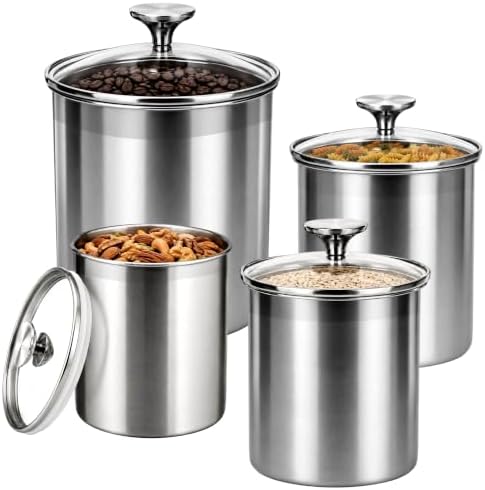 4-Pcs Stainless Steel Airtight Kitchen Canister Set with Glass Lid