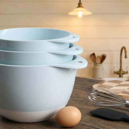 3 Pale Blue Plastic Mixing Bowl Set With Lids, Pour Spouts, TPR