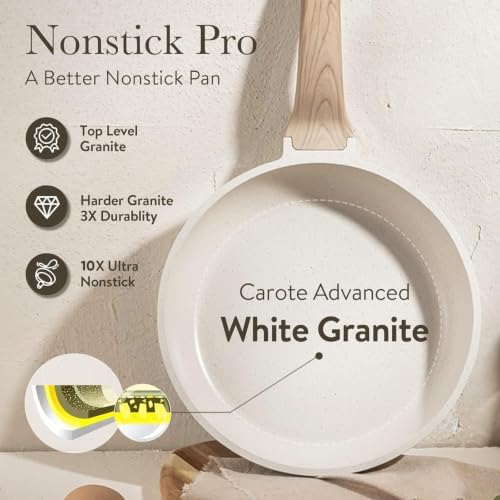 CAROTE Non Stick Frying Pan, 8 Inch Cream White Skillet with Glass Lid