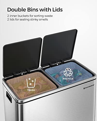 SONGMICS 2 x 8 Gallon Trash Can, Silver and Black