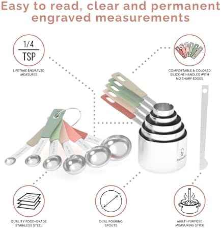 CuttleLab Measuring Cups and Measuring Spoons Set of 14 - Stainless Steel Measuring Cups and Spoons Set, Includes 1/8 Teaspoon Measuring Spoon, 1/8 Cup Measuring Cup, Leveler Dry (14, Country Chic)