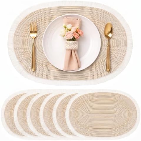 FAVE Boho Oval Woven Placemats Set of 6, Washable Table Mats with