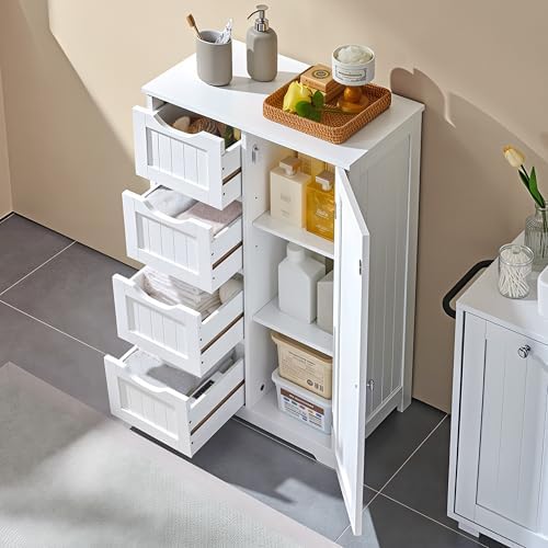 Yaheetech Small Bathroom Storage Cabinet with 4 Drawers & Door, White