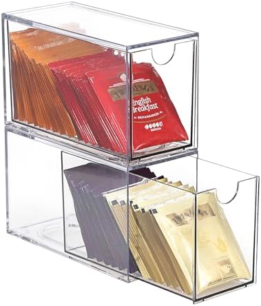 ELLDOO 2 Drawers Tea Bag Organizer, Clear Acrylic Stackable Tea Bag