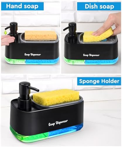 Hand and Dish Soap Dispenser Set with Sponge Holder, Black