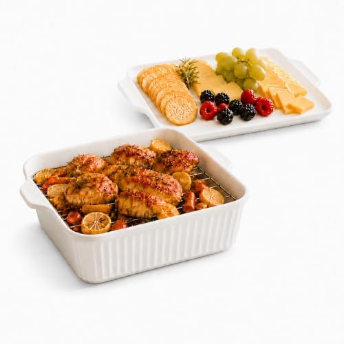10 Inch Square Ceramic Baking Dish with Lid & Rack, Casserole Roaster