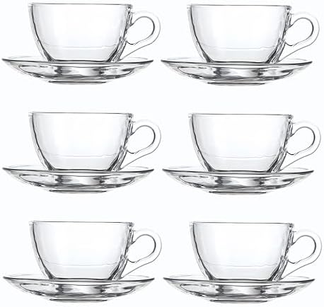 Glass Teacup and Saucer Set, 6 Pack Coffee Mug with Stainless Steel