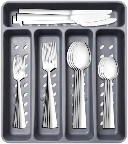 21 Pcs Kitchen Silverware Set with Organizer Tray Fork Spoon Knife