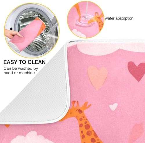 OTVEE Pink Giraffe Art Dish Drying Mat for Kitchen Counter Absorbent