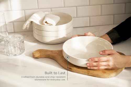 KooK Ceramic Pasta Bowls, Wide & Shallow, Set of 4, White