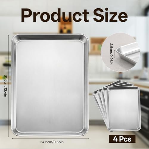 4 Pack Stainless Steel Baking Sheet, 12.4 x 9.65 x 0.98 Inch