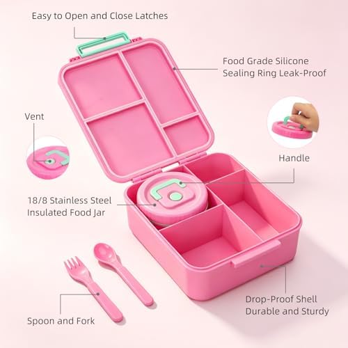 Kids Bento Lunch Box with 12oz Insulated Food Jar, 4-Compartment Lunch