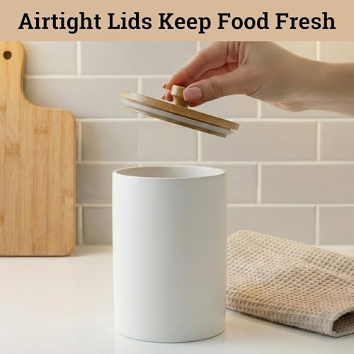 Ceramic Kitchen Canisters for Countertop Set of 3 w/ Airtight Bamboo