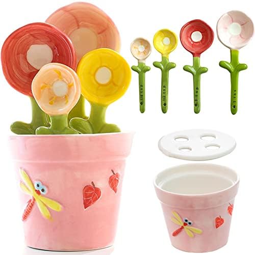 Flower Measuring Spoons Set in Pot Unique Baking Gifts Ceramic Cute