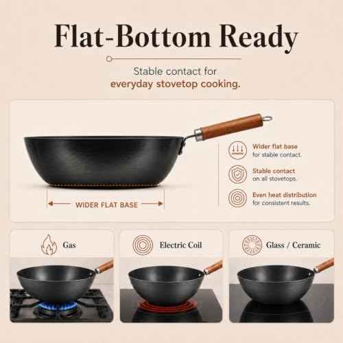 10.2-Inch Carbon Steel Wok Frying Pan with Lid, Flat Bottom