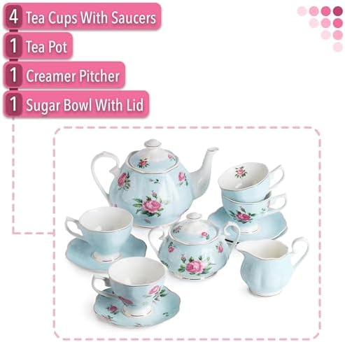 BTaT- Floral Tea Sets for Adults, 13 pcs, Service for 4, Pot (38 oz) &