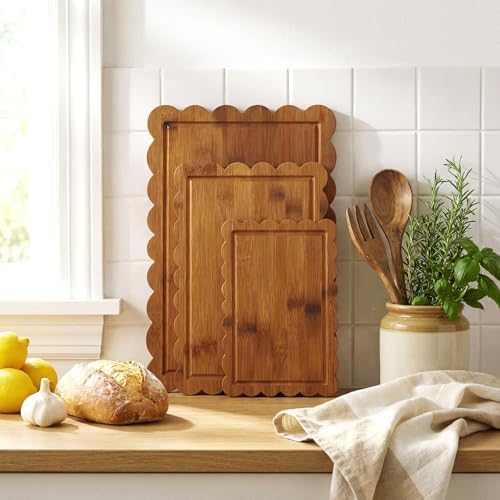 3 Pcs Charcoal Bamboo Wood Scalloped Cutting Boards, Medium