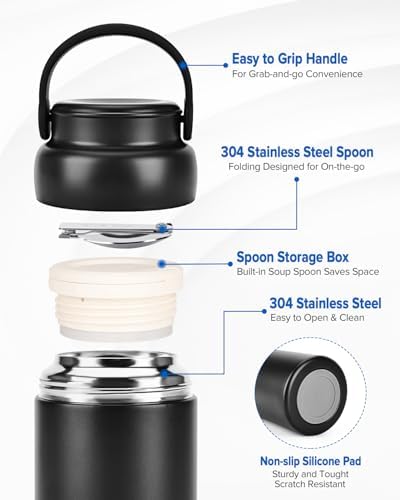 Thermo for Hot Food, 20OZ Insulated Soup Food Thermo with Spoon, Black